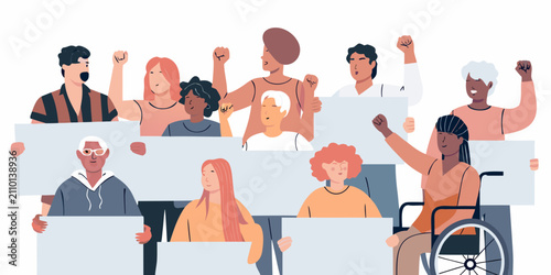 Diverse group of people holding blank signs modern flat vector illustration