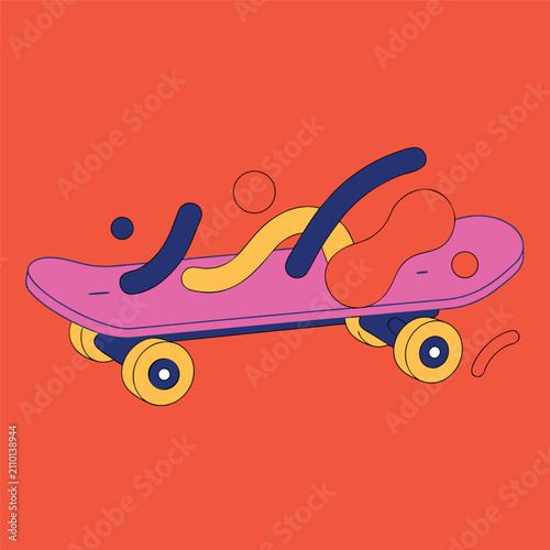 Colorful skateboard vector illustration with bright pink deck, blue wheels, abstract paint splash graphics, 