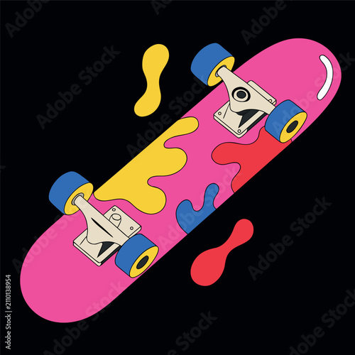 Colorful skateboard vector illustration with bright pink deck, blue wheels, abstract paint splash graphics, minimal flat design, bold black background, clean outlines, modern street style, isolated ob