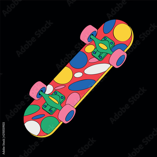 Colorful skateboard vector illustration with bright pink deck, blue wheels, abstract paint splash graphics, minimal flat design, bold black background, clean outlines, modern street style, isolated ob