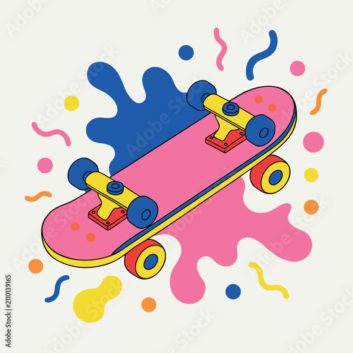 Colorful skateboard vector illustration with bright pink deck, blue wheels, abstract paint splash graphics, 