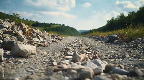 A photo of natural stone rocks on a gravel road.