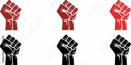 Raised fist silhouettes in red and black flat vector illustration on white background