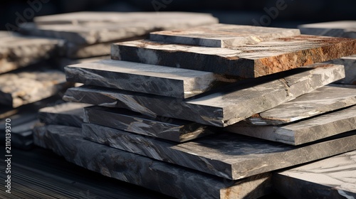 A photo of natural stone slabs stacked in a pile.