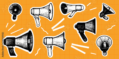 Фотография Retro Megaphones In Halftone Style A Collection Of Vintage Communication Devices