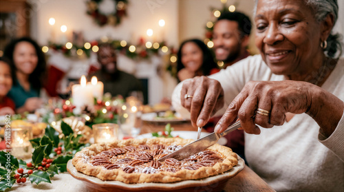 Christmas Eve dinner, close-up black American grandmother cutting first slice whole pecan pie while sitting at head of table, family celebrations and traditions on Christmas Eve, copy space for text