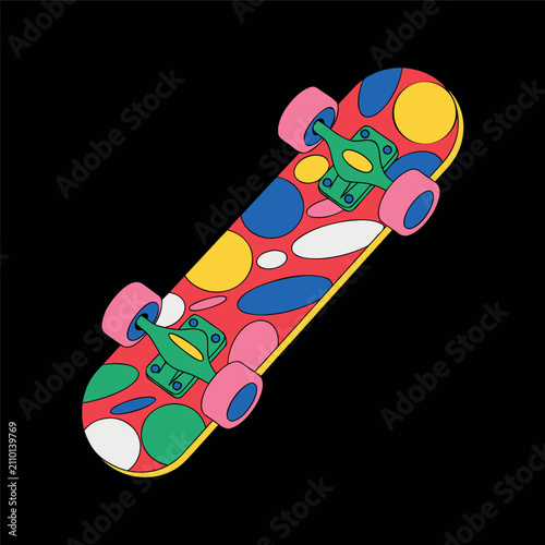 Colorful skateboard vector illustration with bright pink deck, blue wheels, abstract paint splash graphics, 