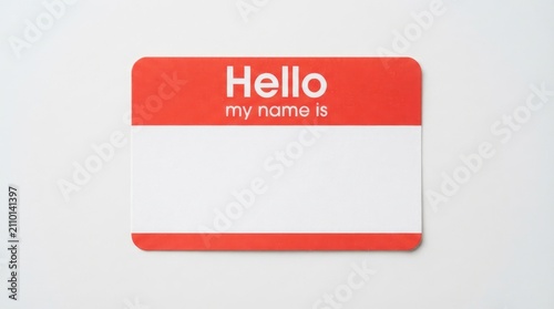 A blank red hello my name is sticker badge isolated on a white background used for networking events during the world car free day