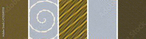 Set of five abstract geometric pattern backgrounds with striped and circular line designs in blue and yellow colors