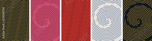 Set of abstract geometric patterns with colorful wavy lines and concentric circular shapes for modern design