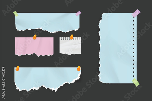 Fotografie Torn paper notes with tape and pushpins vector illustration