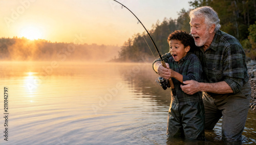 Family vacation, grandfather and grandson share a happy vacation and fishing on lake, Grandparents' Day poster with copy space for text, American grandfather and his African-American grandson fishing