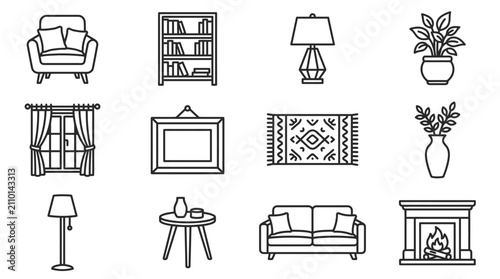Home Decor Icons: Furniture, Lighting, and Accents - Vector Line Art Collection