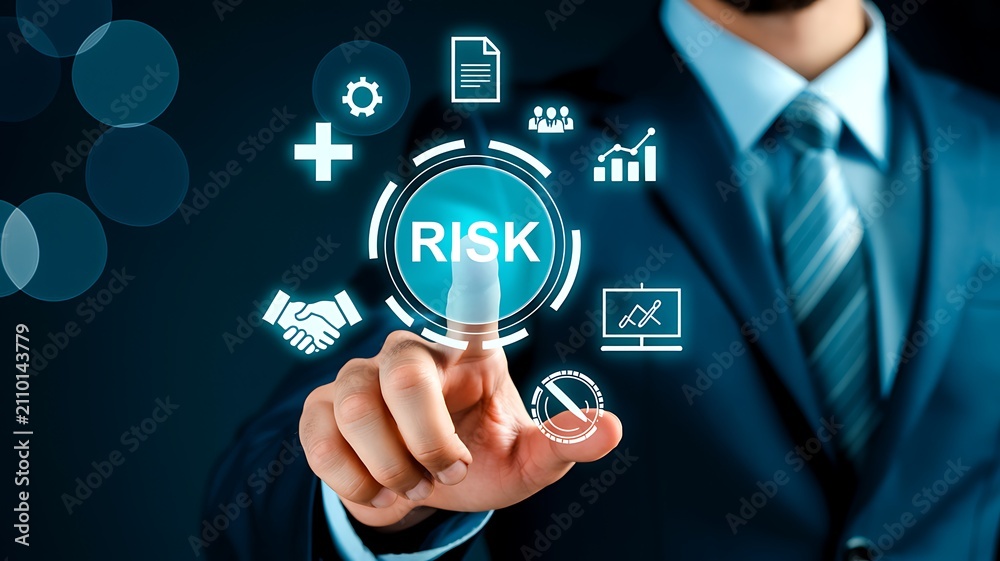 Fototapeta premium Business professional managing risk assessment on digital interface with corporate strategy and financial protection concept