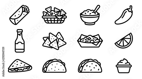 Mexican Food Icons Set: Burrito, Nachos, Tacos, Salsa, Jalapeno, Lime, Sandwich