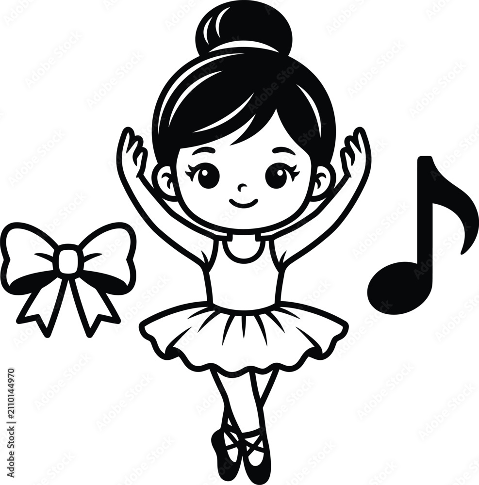 Fototapeta premium Adorable little ballerina girl dancing in tutu with ribbon bow and music note outline vector sketch.
