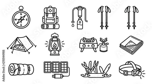 Outdoor Adventure Gear Icons: Camping, Hiking, Survival Equipment Set