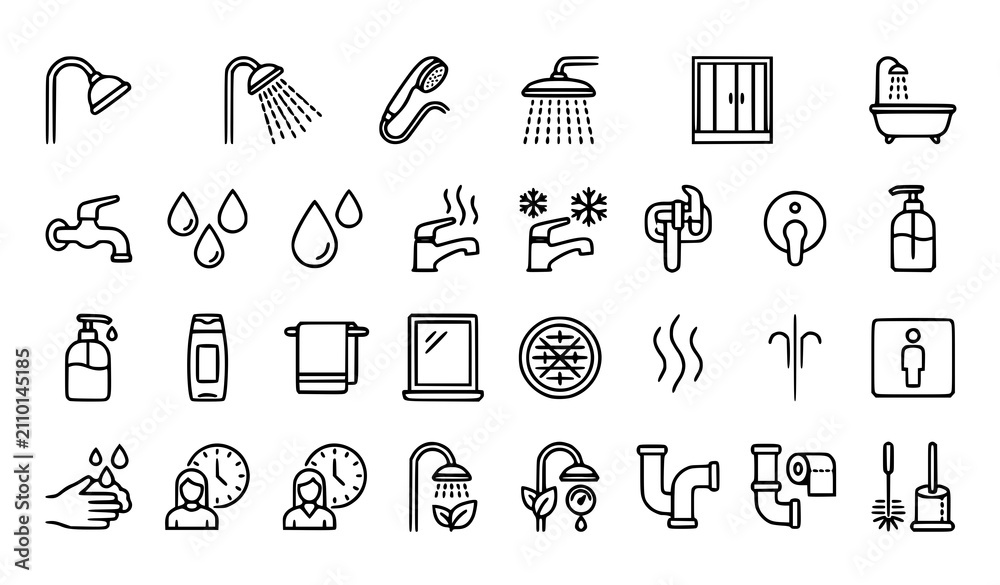 Fototapeta premium Shower Line Icons Vector Set with Bathroom Water and Hygiene Symbols