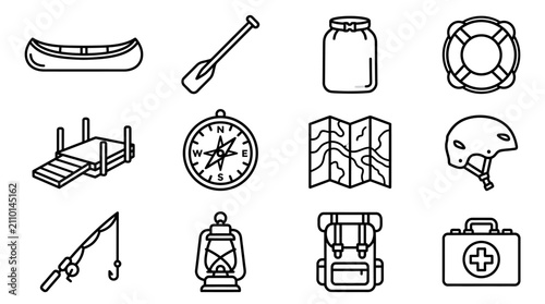 Cuadro en lienzo Outdoor Adventure Gear Icons: Canoe, Paddle, Backpack, Compass, Map, First Aid