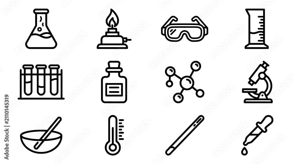 Fototapeta premium Science Lab Equipment Icons: Beaker, Bunsen Burner, Microscope, Test Tubes, Dropper
