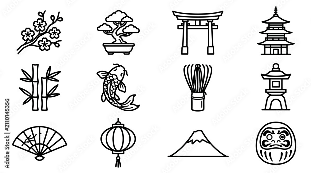 Naklejka premium Japanese Culture Icons Set: Cherry Blossom, Bonsai, Torii Gate, Pagoda, Koi Fish, Matcha Whisk