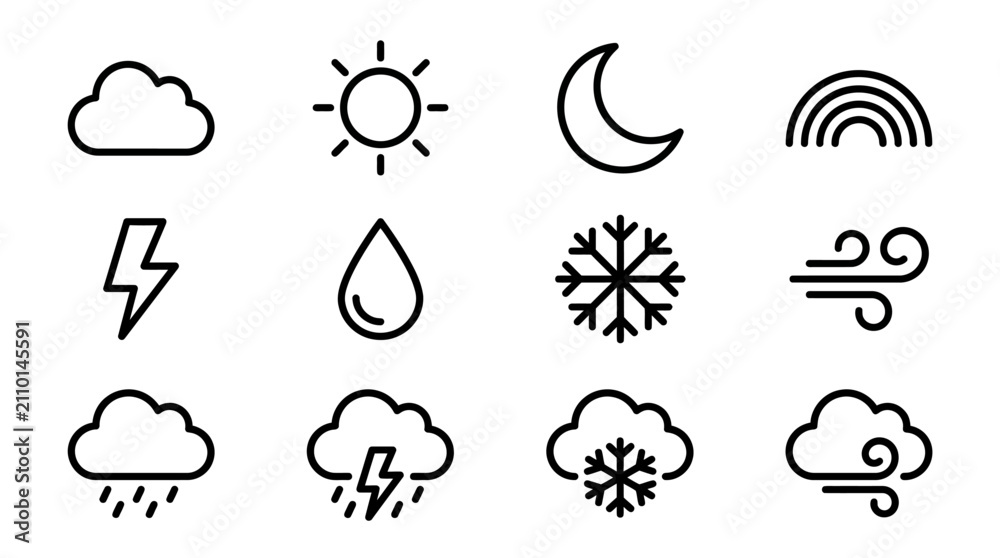 Obraz premium Weather Icons Set: Sun, Moon, Cloud, Rain, Snow, Lightning, Wind, Rainbow