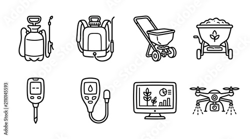 Fotografía Farming Technology Icons: Sprayer, Spreader, Drone, Monitor, Soil Tester