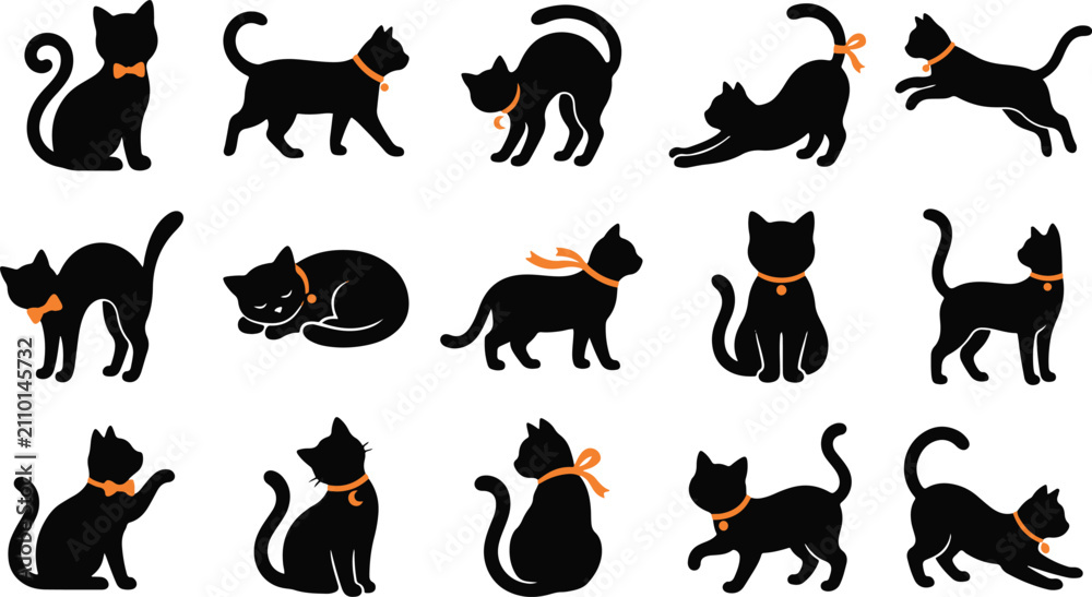 Obraz premium Set of various black cat silhouettes in different poses for halloween designs and creative graphic projects