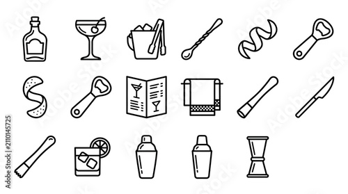 Foto Cocktail Bar Tools Icons Set: Bottle, Shaker, Jigger, Ice Bucket, Strainer, Zest