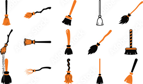Canvastavla Collection of various magical witch broomsticks isolated on a white background f