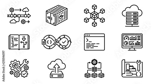 DevOps Icons: Cloud, Container, CI/CD, Server, Code, Workflow, Data