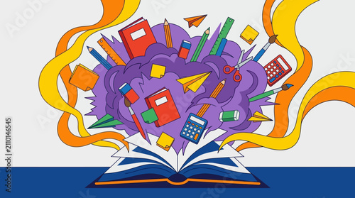 Fotografía An open book emits a cloud of diverse school and art supplies, including notebooks, pencils, calculators, and scissors, symbolizing a burst of educational activity