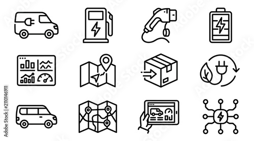 Electric Vehicle Icons: Charging, Battery, Van, Map, Delivery, Eco-Friendly, Technology