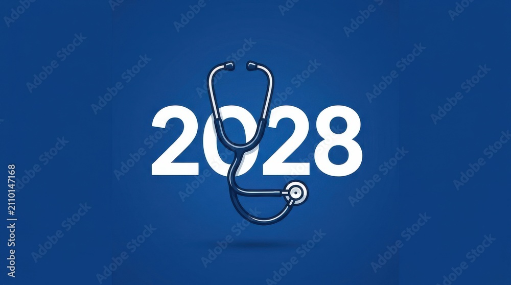 Fototapeta premium Medical concept for the year 2028 featuring a professional stethoscope integrated with large white numbers on a solid blue background