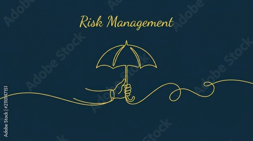 Conceptual illustration of risk management featuring a glowing golden umbrella outline on a dark blue background representing financial security and protection