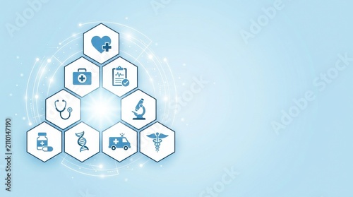 Abstract infographic design with hexagonal shapes containing various industry icons arranged in a pyramid structure on a light blue background