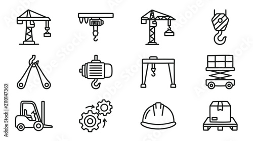 Construction Crane Icons: Building, Industry, Logistics, Forklift, Helmet, Gears
