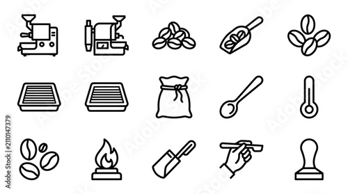 Schilderij op canvas Coffee Making Icons: Roaster, Beans, Scoop, Bag, Spoon, Thermometer, Tamper