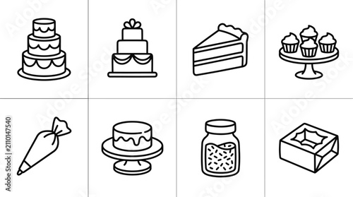 Dessert Icons: Cakes, Cupcakes, Slice, Piping Bag, Sprinkles, Box