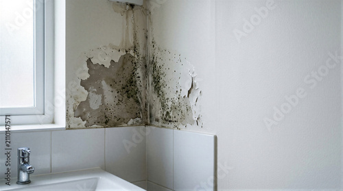 Black mold growing on damp bathroom wall above white sink. Peeling paint and water damage in house interior. Dangerous fungal growth from moisture leakage. Issue requiring home repair.