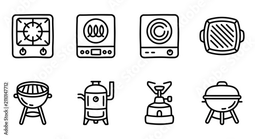 Collection of cooking appliances and grills, line art icons