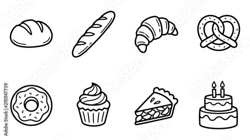 Obraz na płótnie Bakery Icons: Bread, Croissant, Donut, Cake, Pie, Cupcake & Pretzel - Vector Art