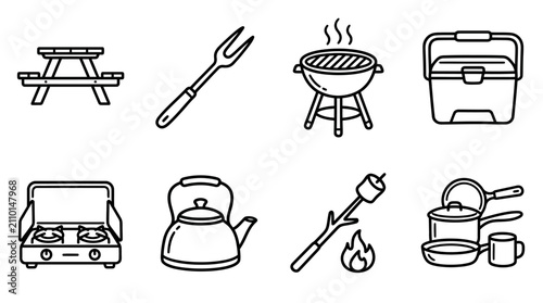 Camping and Picnic Icons: BBQ Grill, Stove, Cooler, Table, Kettle, Marshmallow, Cookware