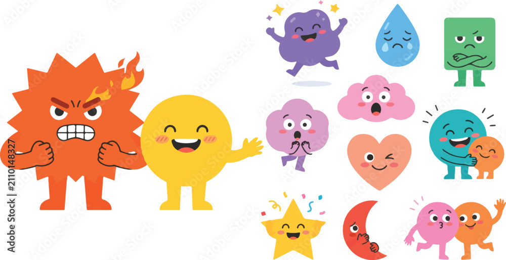 Fototapeta premium Cute Emoticons Expressing Emotions: A vibrant collection of cartoonish characters and shapes embodying various emotions, from fiery anger to joyful delight and nervous surprise.