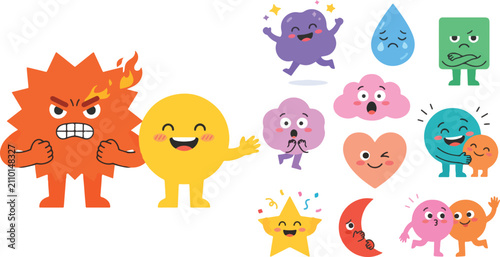 Obraz na płótnie Cute Emoticons Expressing Emotions: A vibrant collection of cartoonish characters and shapes embodying various emotions, from fiery anger to joyful delight and nervous surprise