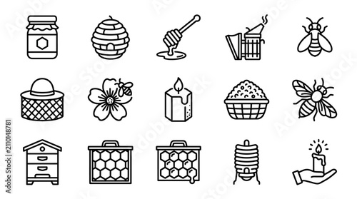 Beekeeping and Honey Icons: Beehive, Honey Jar, Bees, Honeycomb, Candle, Smoker