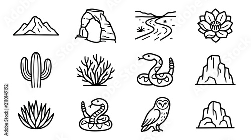 Foto Desert Icons: Mountains, Arch, River, Cactus, Snake, Owl, Desert Plants