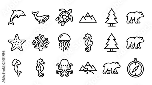 Ocean Wildlife and Mountain Icons: Dolphin, Whale, Turtle, Bear, Trees, Compass