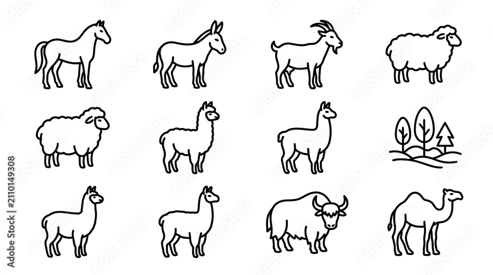 Fototapeta premium Farm Animals Icon Set: Horse, Donkey, Goat, Sheep, Llama, Yak, Camel, Trees