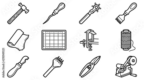 Leatherworking Tools Set: Crafting, DIY, Handmade, Craft Supplies, Equipment Icons